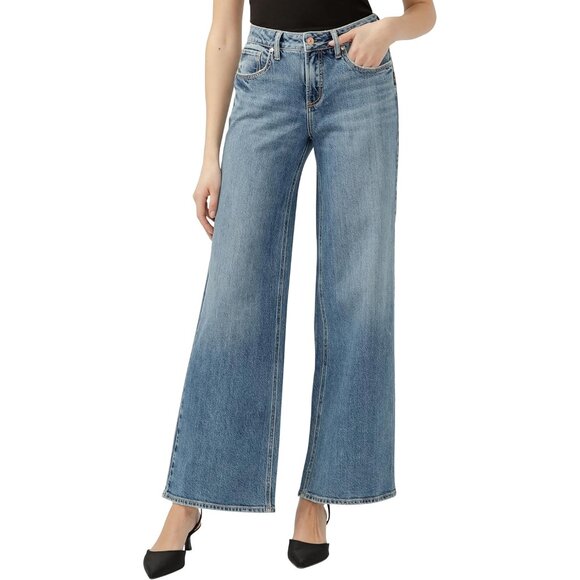 Denim - Women's Wide Leg Jeans Mid Rise Curvy Fit Cotton Lyocell Flare Style
